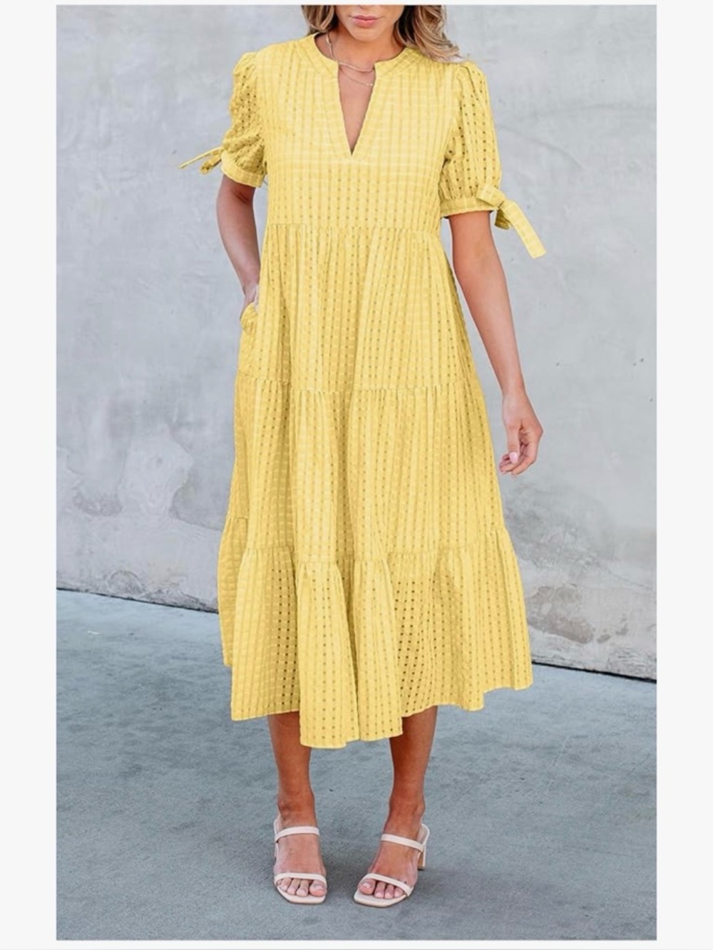 NWT Yellow Lightweight Tiered Eyelet Midi Dress-S - Picture 12 of 17
